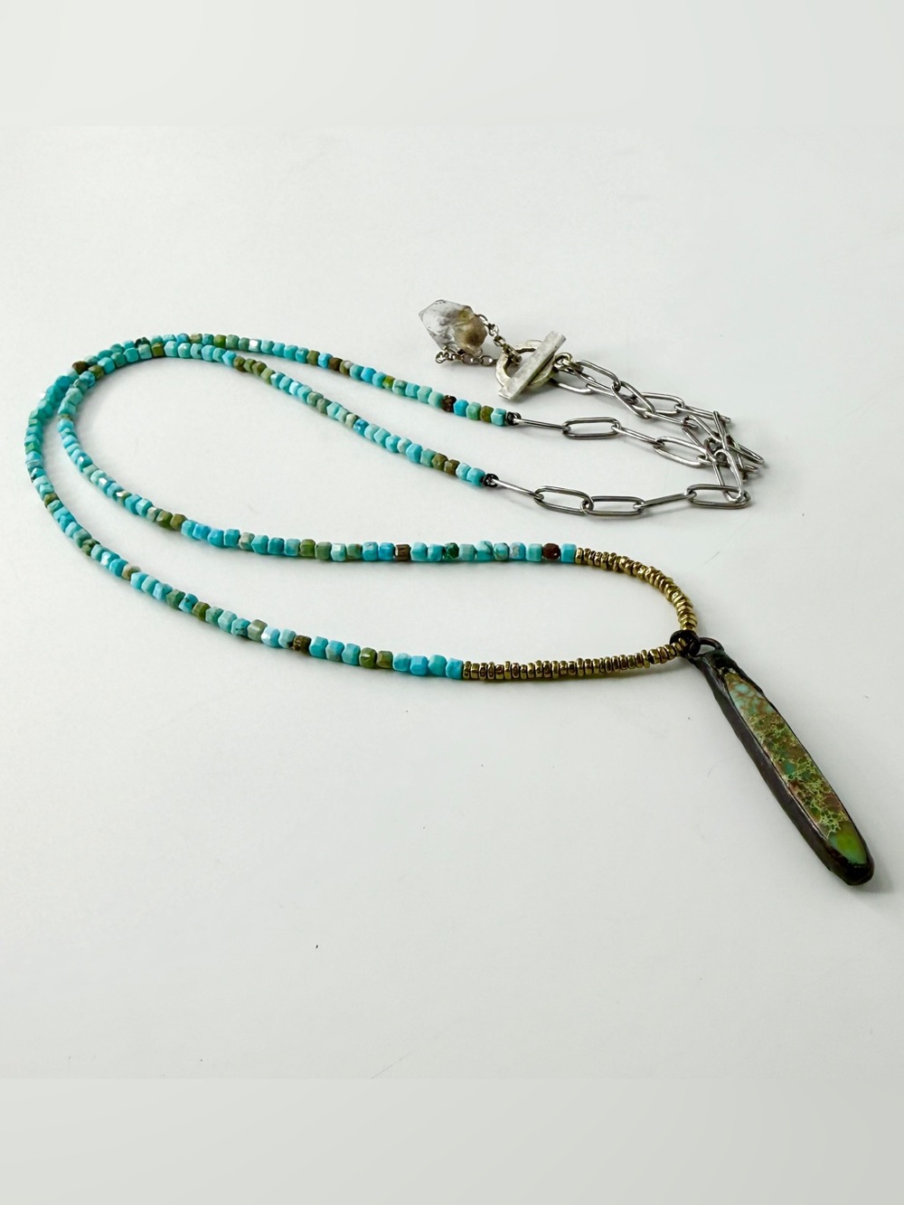 Long Turquoise Necklace, Wrap Necklace, Vintage Hand Soldered Pendant